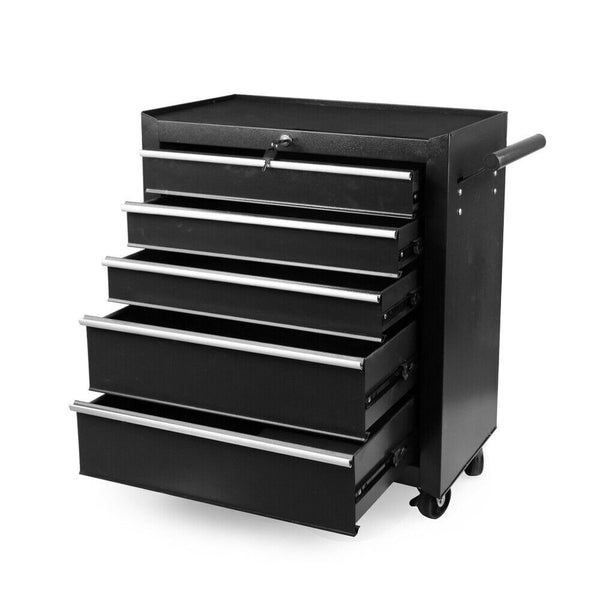 Black 5 Drawer Tool Box Trolley Cabinet Storage Cart Garage Toolbox Organiser Set